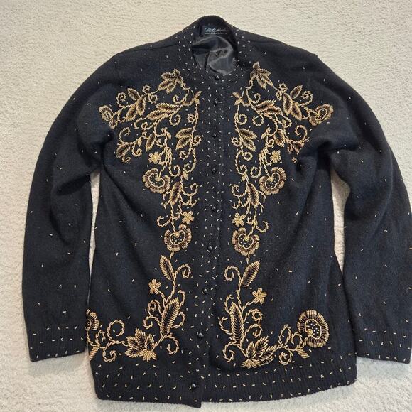 Vtg Mitsu Koshi 1950s Black Wool Angora Beaded Gold Cardigan Sweater Sz M - Picture 1 of 15
